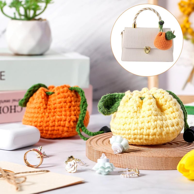 Lyrow Store 2 Pcs Small Crochet Purses Handmade Cute Coin Purse Tangerine Shaped Storage Bag Mini Drawstring Change Pouch Knitting Woven Wallet for Women Keychain Earbuds Dice, Orange and Yellow - Image 3